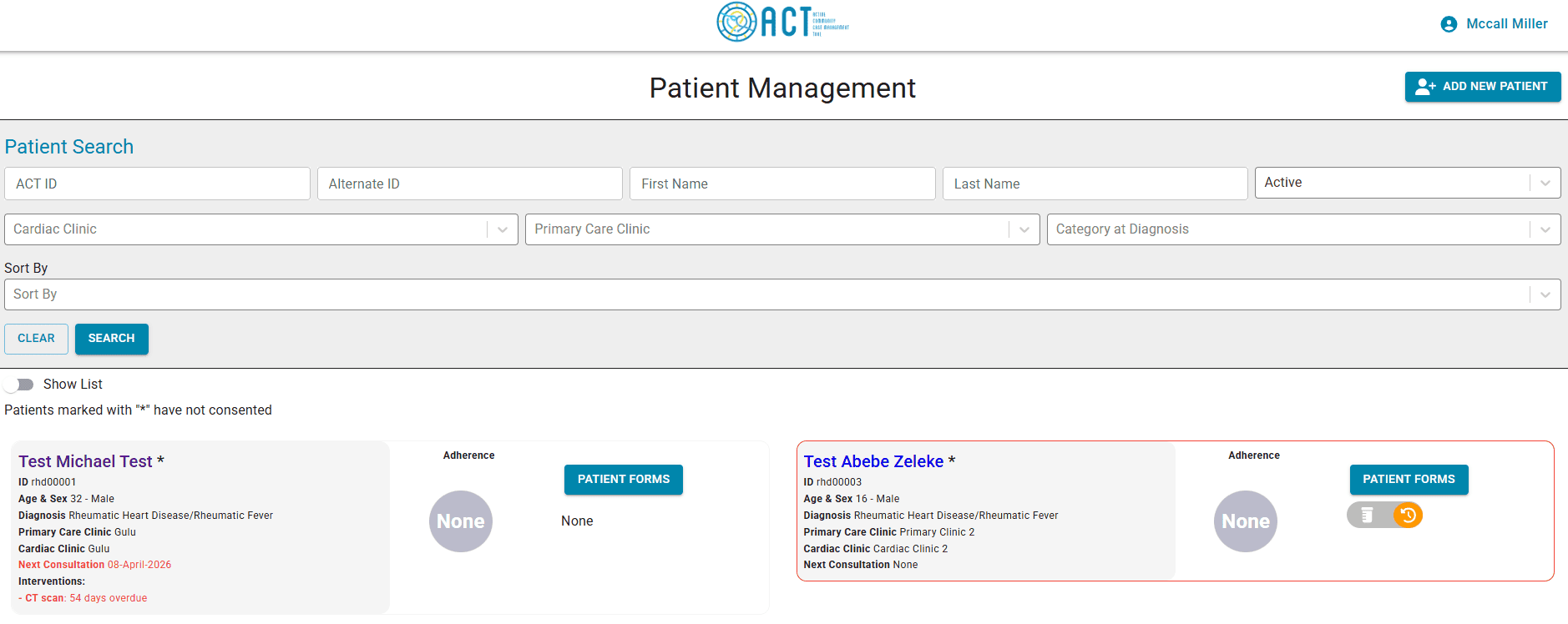 Patient Management dashboard showing search filters and two patient records with details and adherence status.