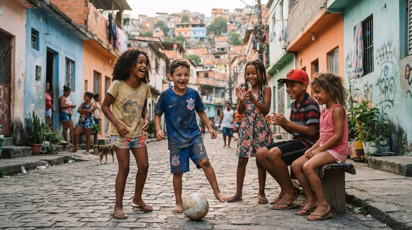 Five children playing soccer on a cobblestone street in a colorful urban neighborhood.