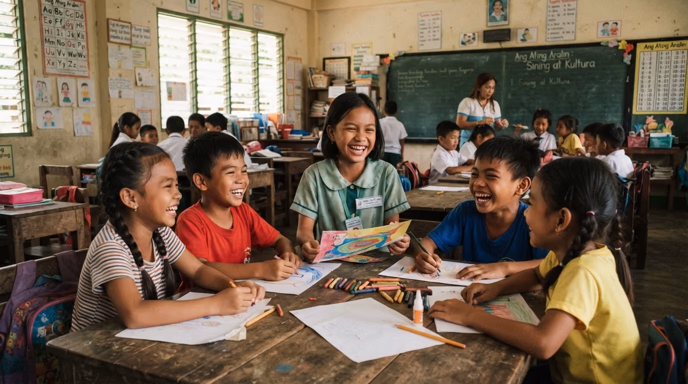 Group of Filipino children happily drawing and sharing art in a classroom setting.