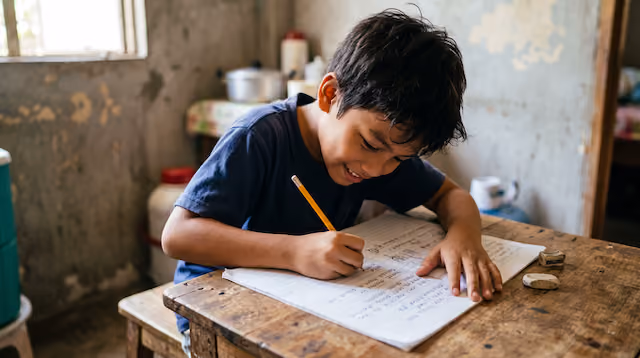 Young boy smiling while writing in a notebook at a wooden desk in a rustic room.