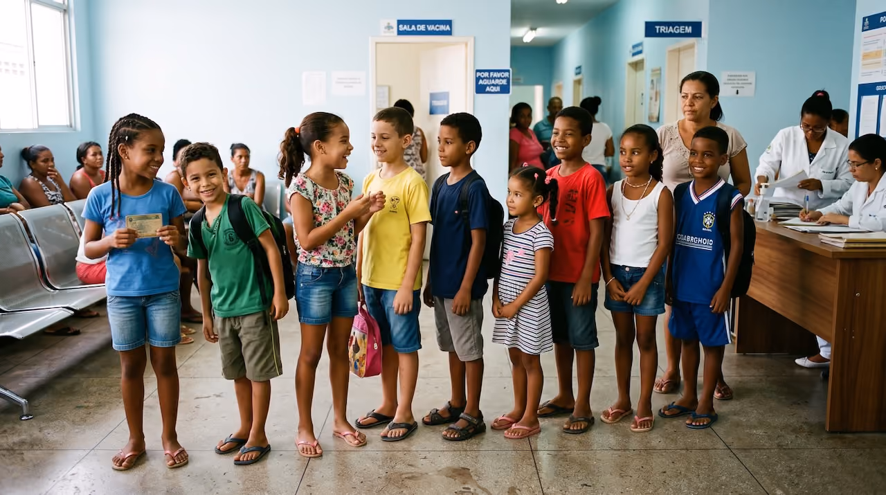A group of children standing in a line inside a clinic with adults and staff in the background.