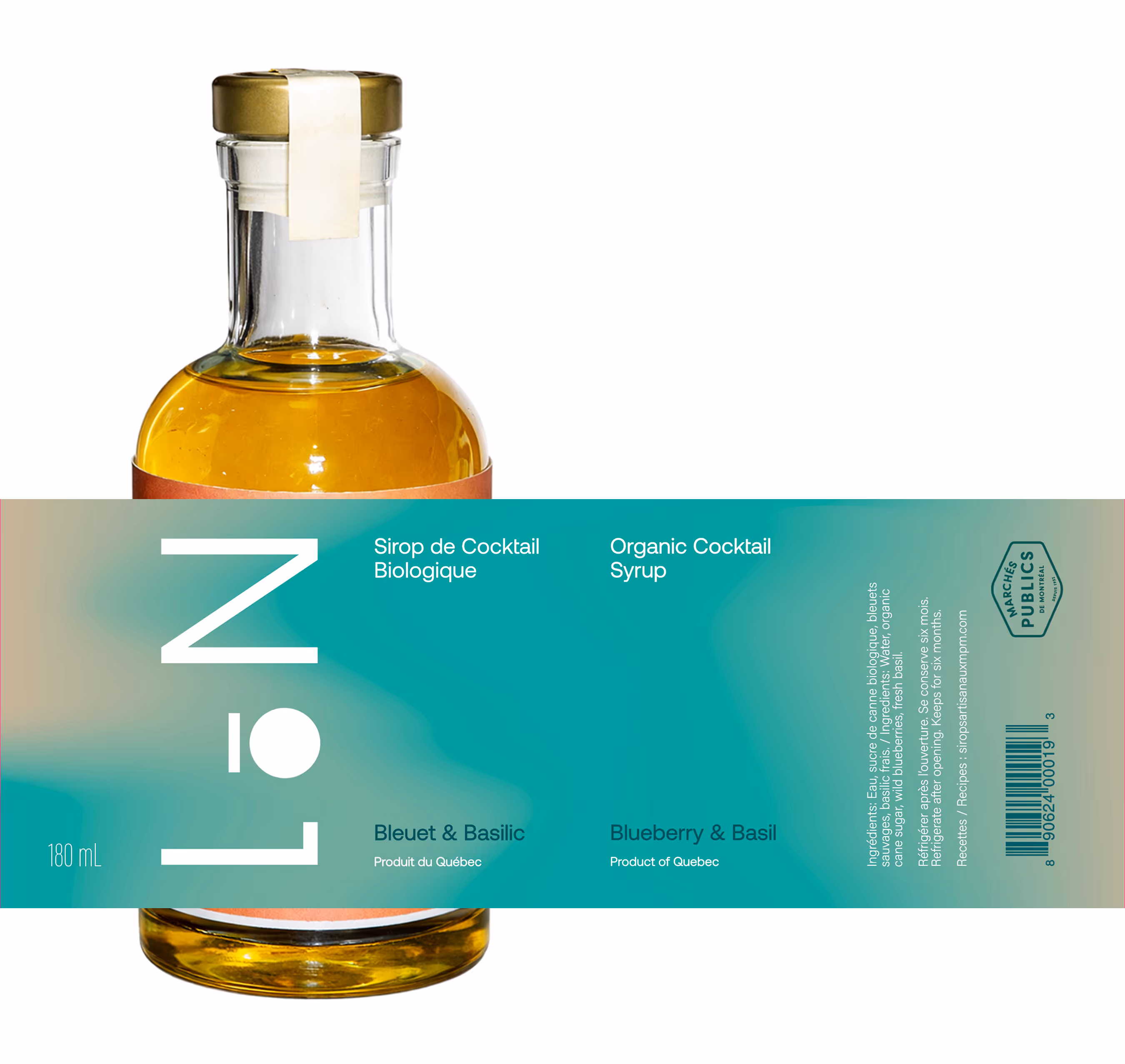 Image by Xhalia Martineau - Bottle of organic cocktail syrup in blueberry and basil flavor, 180 mL, product of Quebec.
