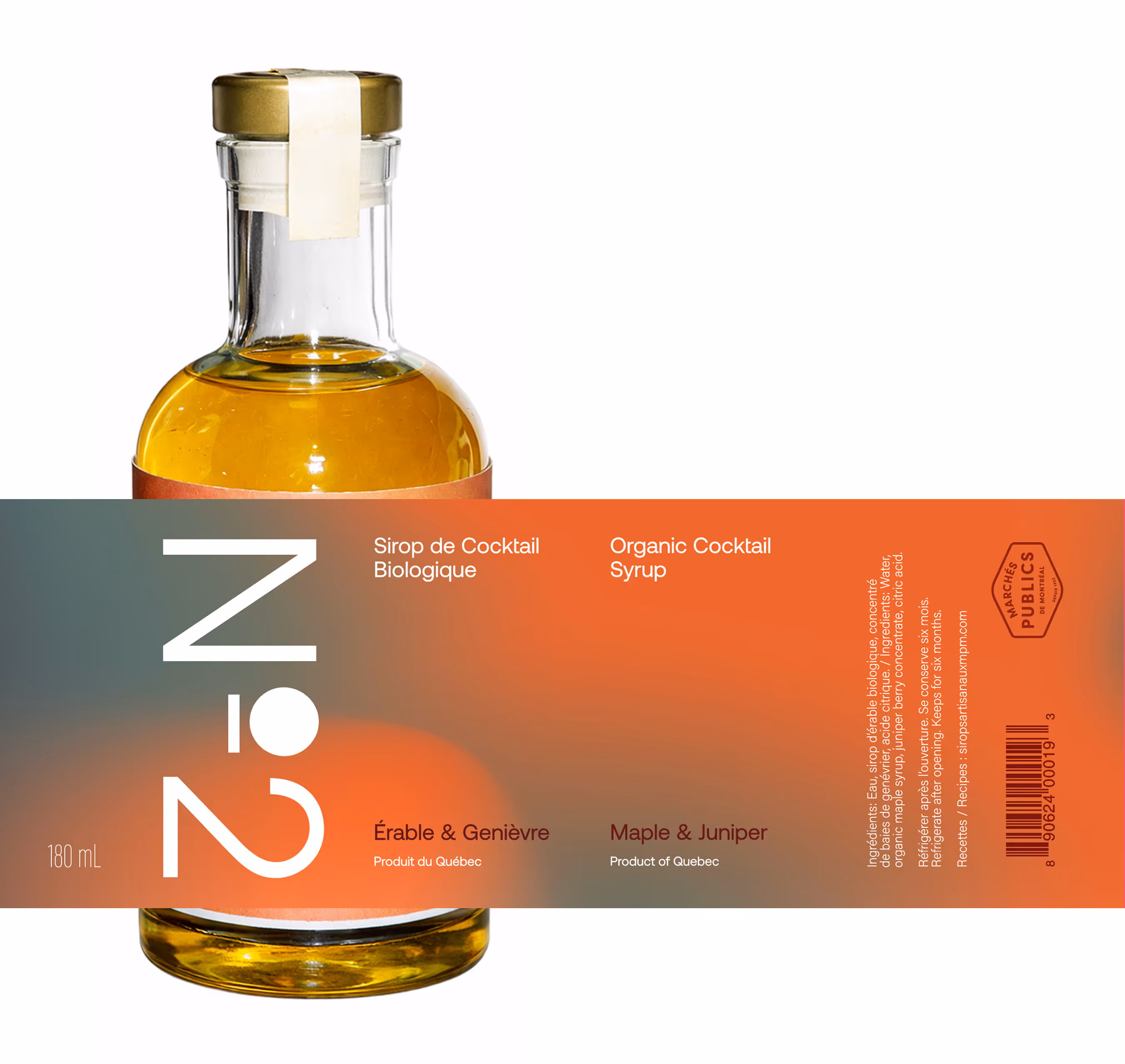 Image by Xhalia Martineau - Bottle of No 2 Organic Cocktail Syrup, Maple & Juniper, 180 mL, product of Quebec with orange label.