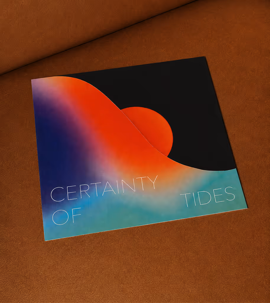 AI Generated image with ChatGpt - Square album cover with abstract red sun and waves in gradient colors reading Certainty of Tides.