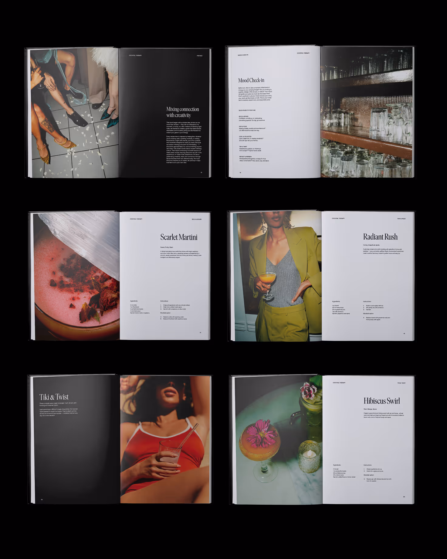 Mockup from Maison Mockup - Six open magazine spreads featuring cocktails, recipes, and lifestyle photos of people and drinks.