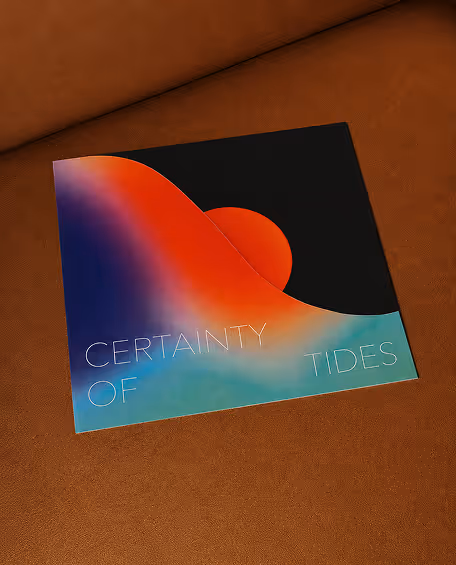 AI Generated image by ChatGpt - Colorful record cover with abstract wave and sun design and text 'Certainty of Tides' on brown background.