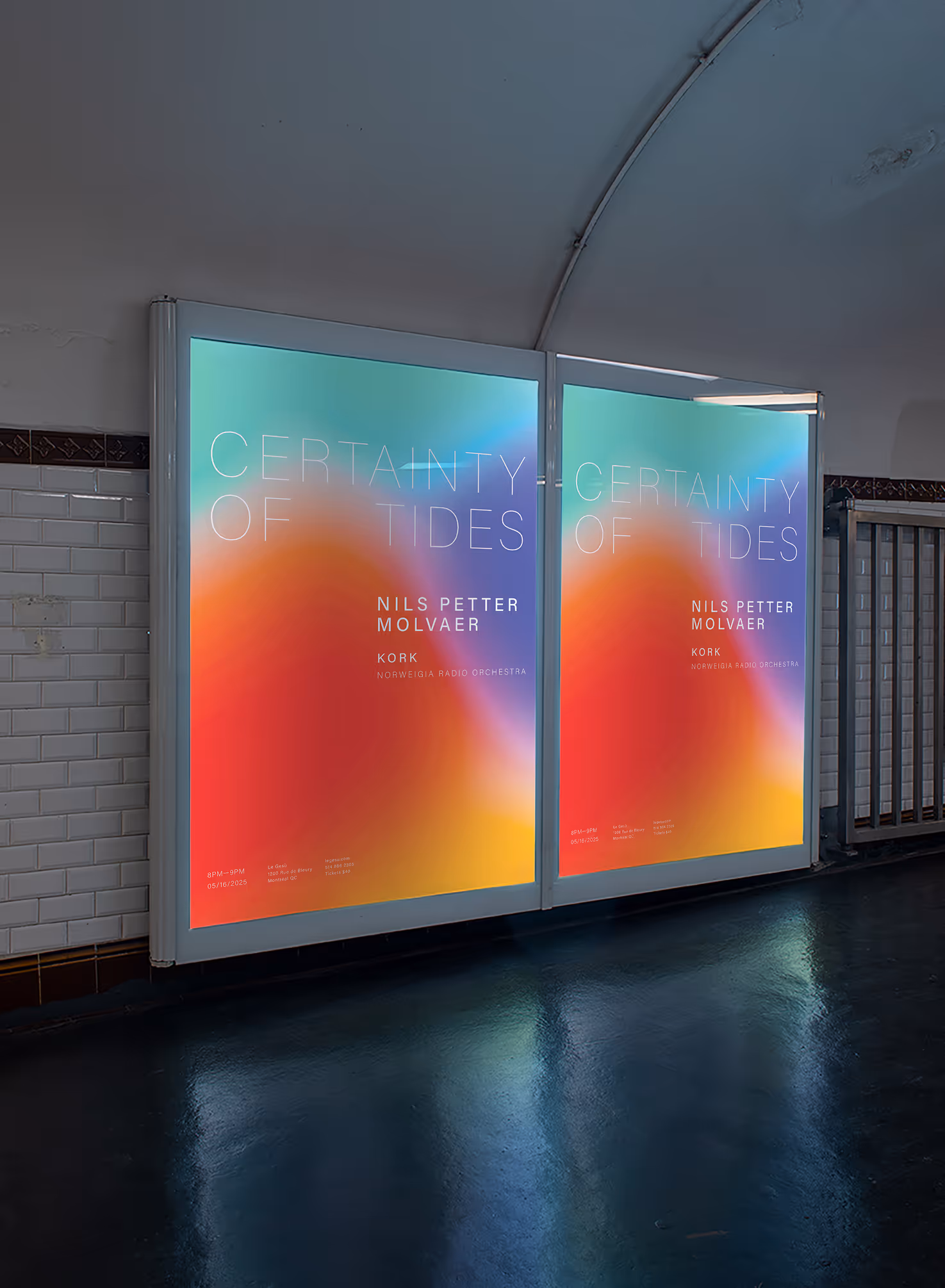 Mockup from Maison Mockup - Two illuminated posters with colorful gradient backgrounds displaying 'Certainty of Tides' concert details.