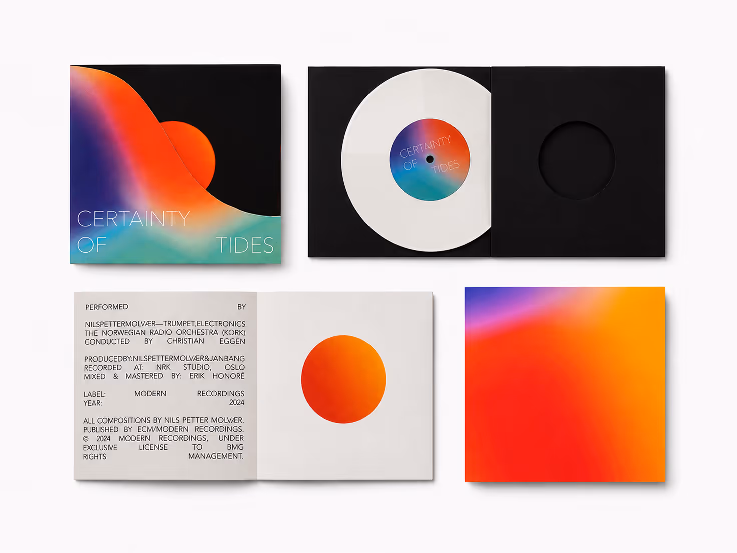 AI Generated image by ChatGpt - Vinyl record and pack titled Certainty of Tides with vibrant abstract gradient cover art.