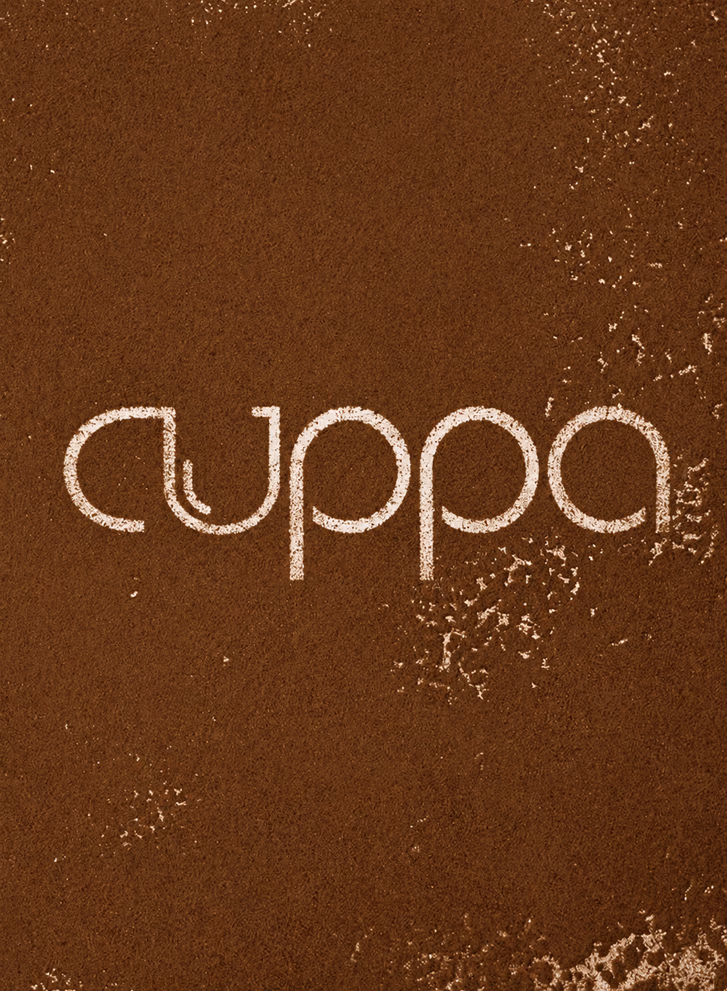 AI Generated image with ChatGpt - The word 'cuppa' written in lowercase letters in a powdery beige substance on a brown background.