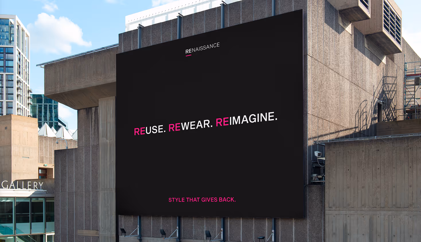 Mockup from Maison Mockup - Large outdoor black billboard on building reads: REUSE. REWEAR. REIMAGINE. STYLE THAT GIVES BACK.