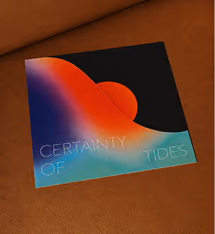 AI Generated image with ChatGpt - Abstract book cover with red and blue gradient shapes and text 'CERTAINTY OF TIDES' on black background.