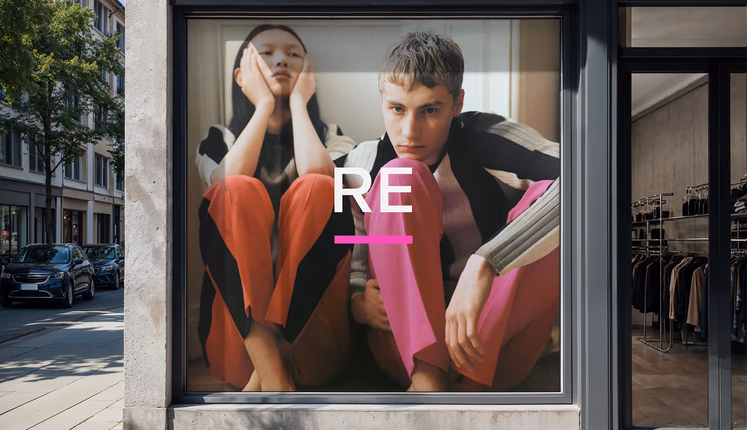 AI Generated image with ChatGpt - Storefront window with fashion poster of two seated models wearing stylish colorful pants and sweaters.