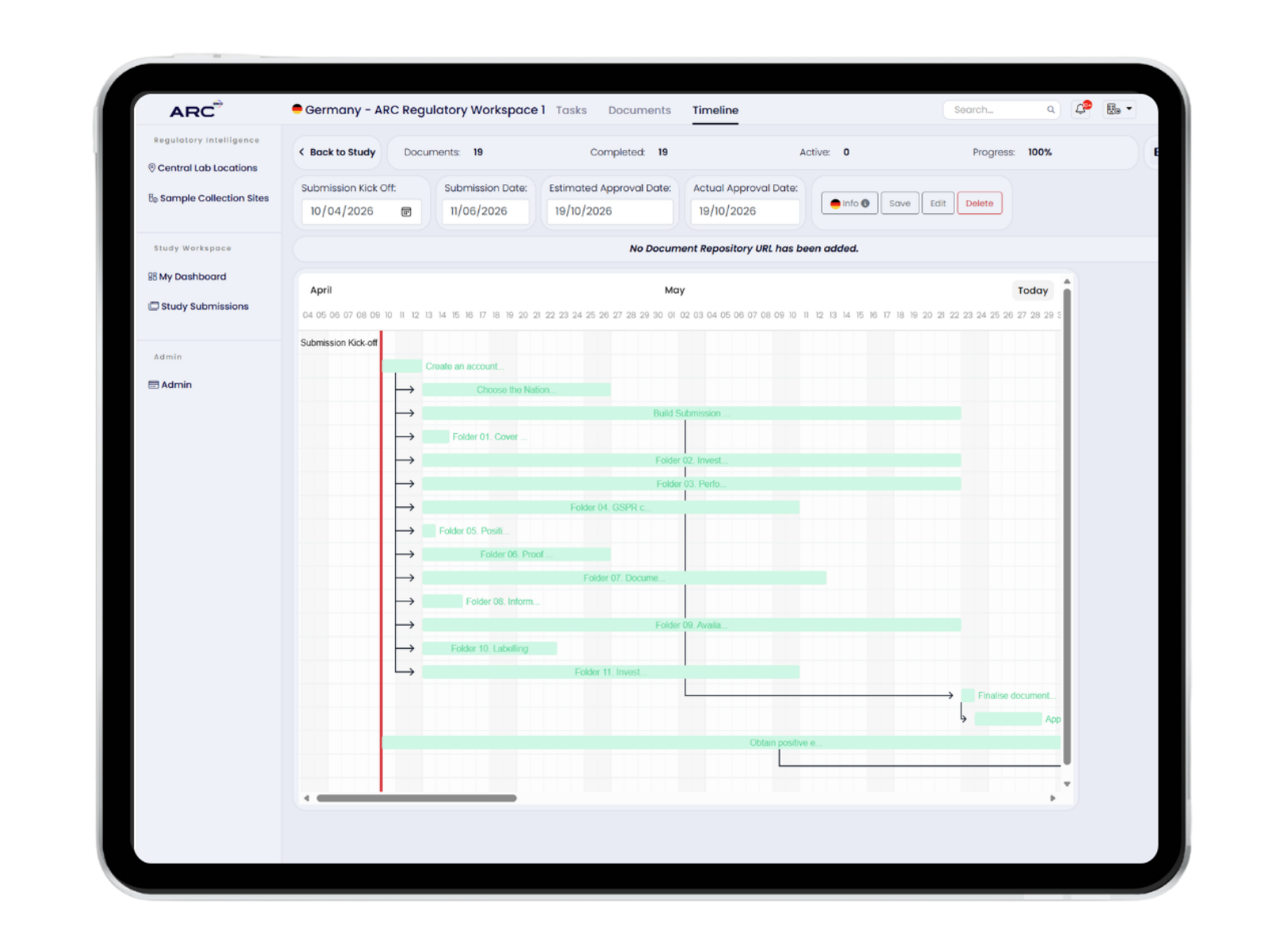 Tablet screen showing a project timeline with tasks and dates from April to May in ARC Regulatory Workspace.