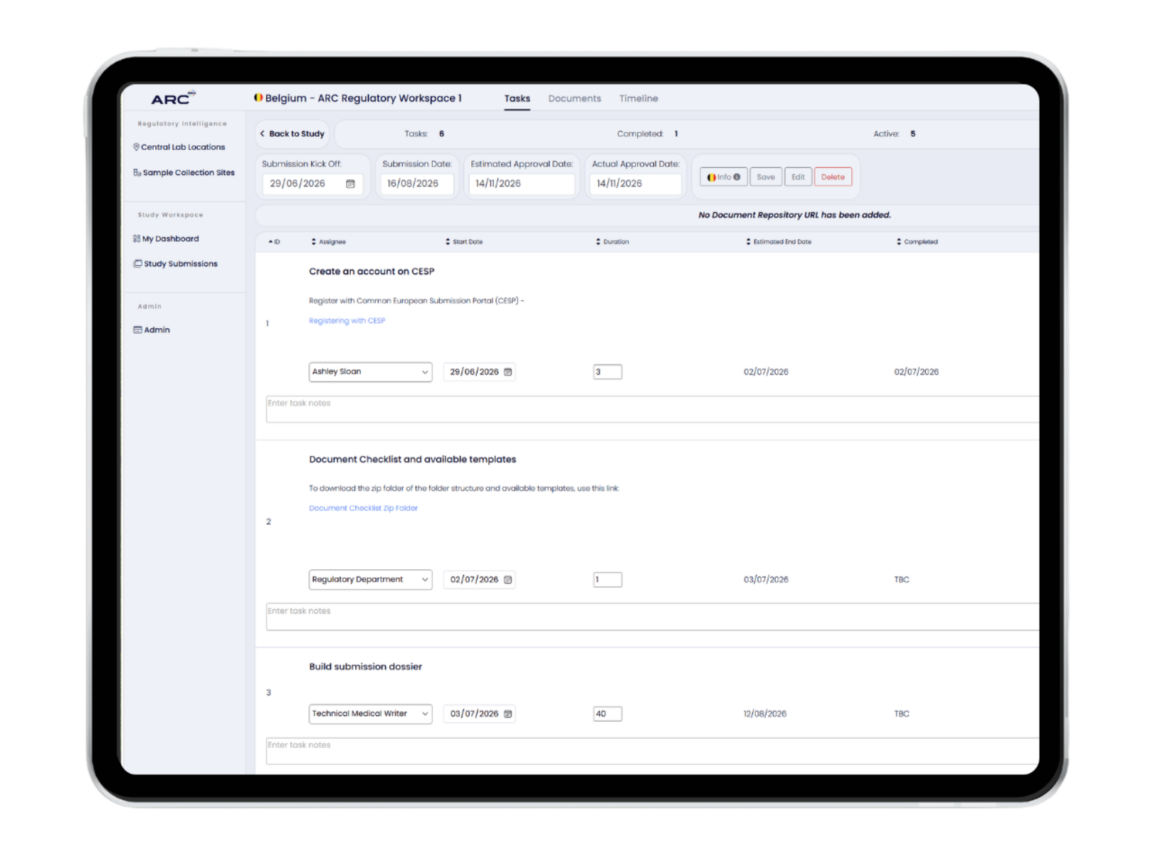 Tablet showing Belgium ARC Regulatory Workspace task list with submission dates and assignees.