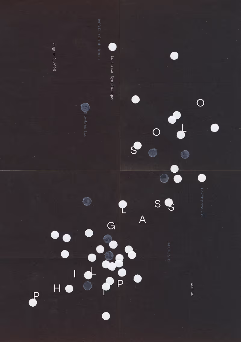 Black poster with scattered white dots and text for Philip Glass show on August 2, 2025 at La Maison Symphonique.