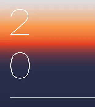Minimalist poster with gradient background from orange to dark blue and white numbers 2 and 0.