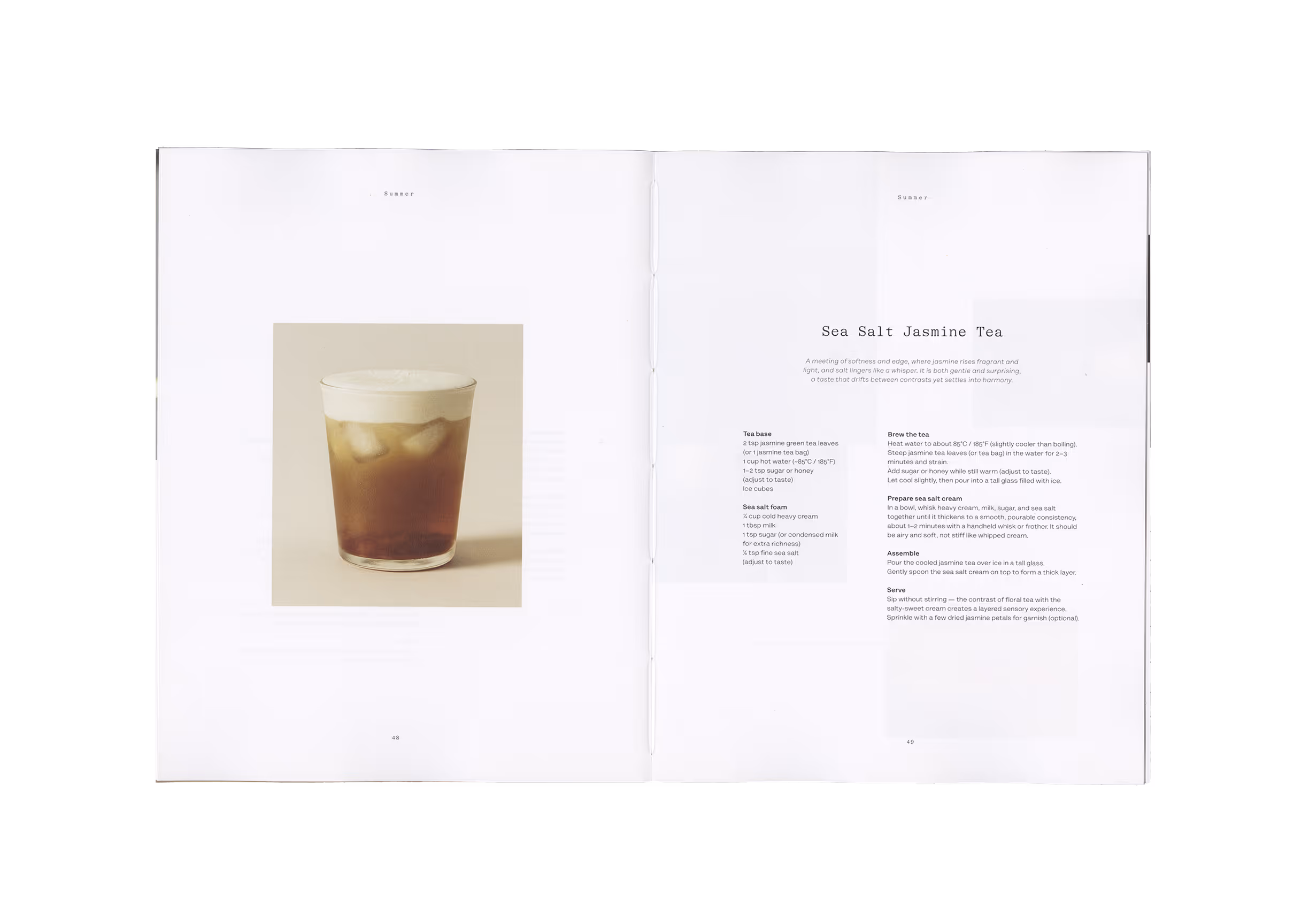 Open book spread showing a photo of a sea salt jasmine tea and its recipe on the right page.