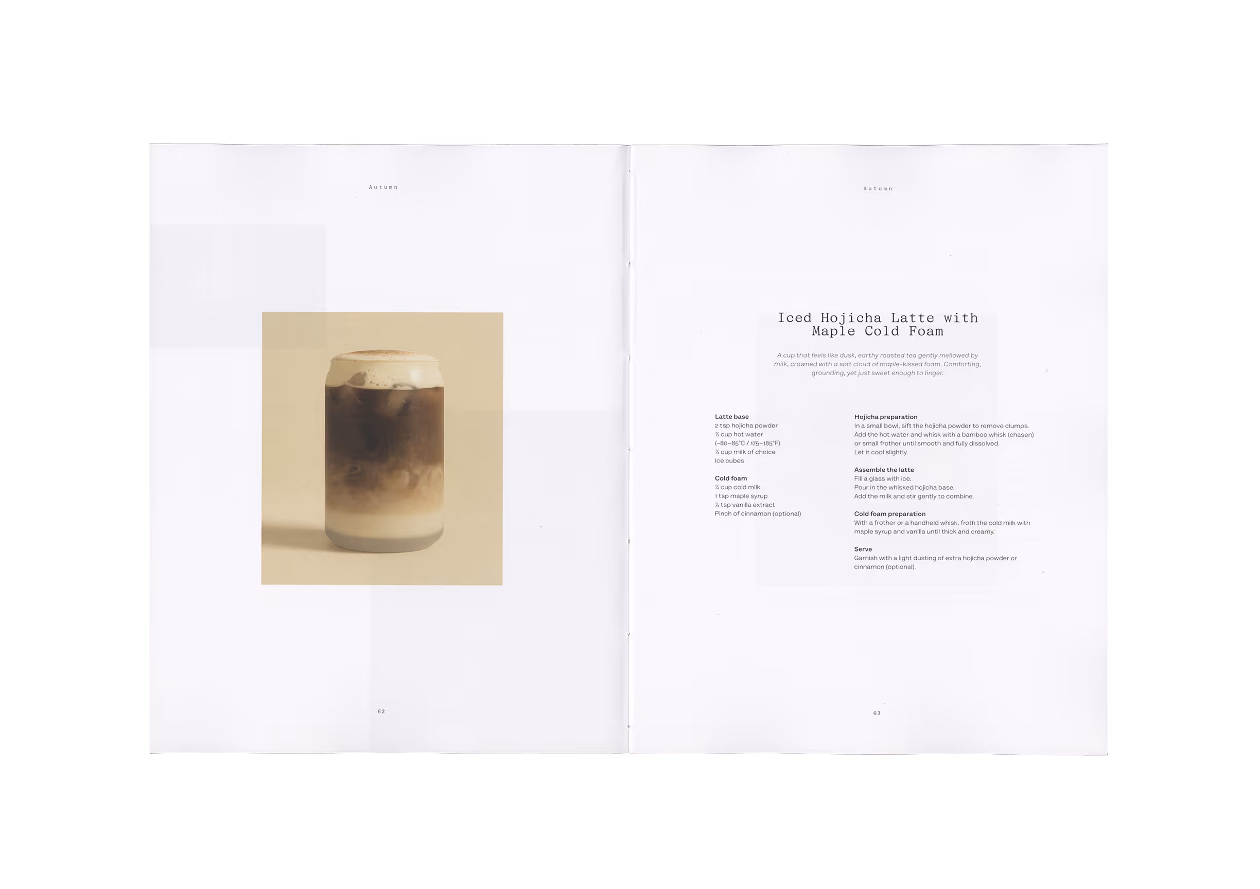 Open book showing iced hojicha latte photo on left and recipe text on right pages.