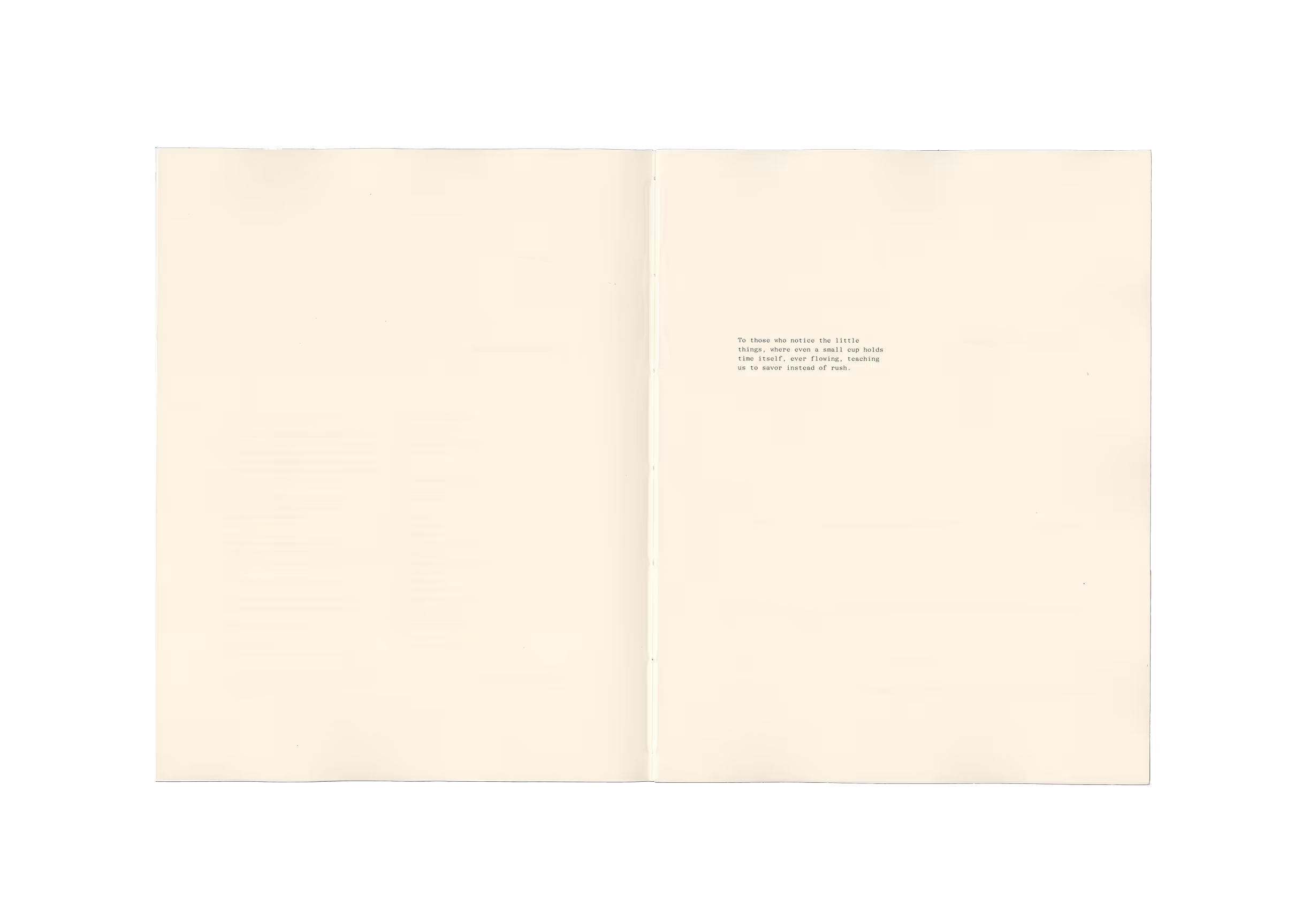 Page with a short dedication: noticing little things that teach us to savor instead of rush.