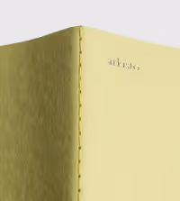 Close-up of a yellow leather book spine embossed with text on a light background.