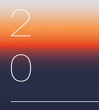 Gradient background from peach to dark blue with white numbers 2 and 0 stacked vertically.