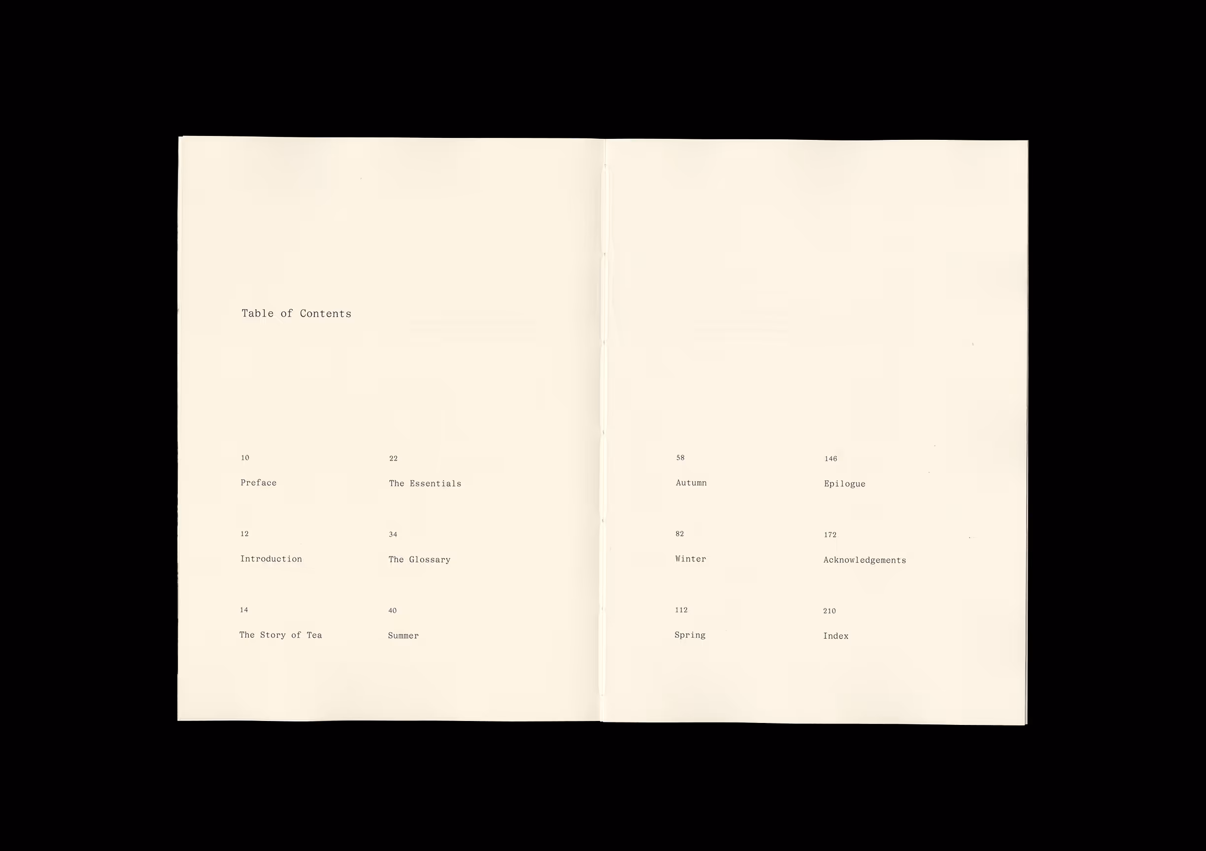 Table of Contents page listing chapters like Preface, Introduction, Story of Tea, Essentials, seasons, Epilogue.