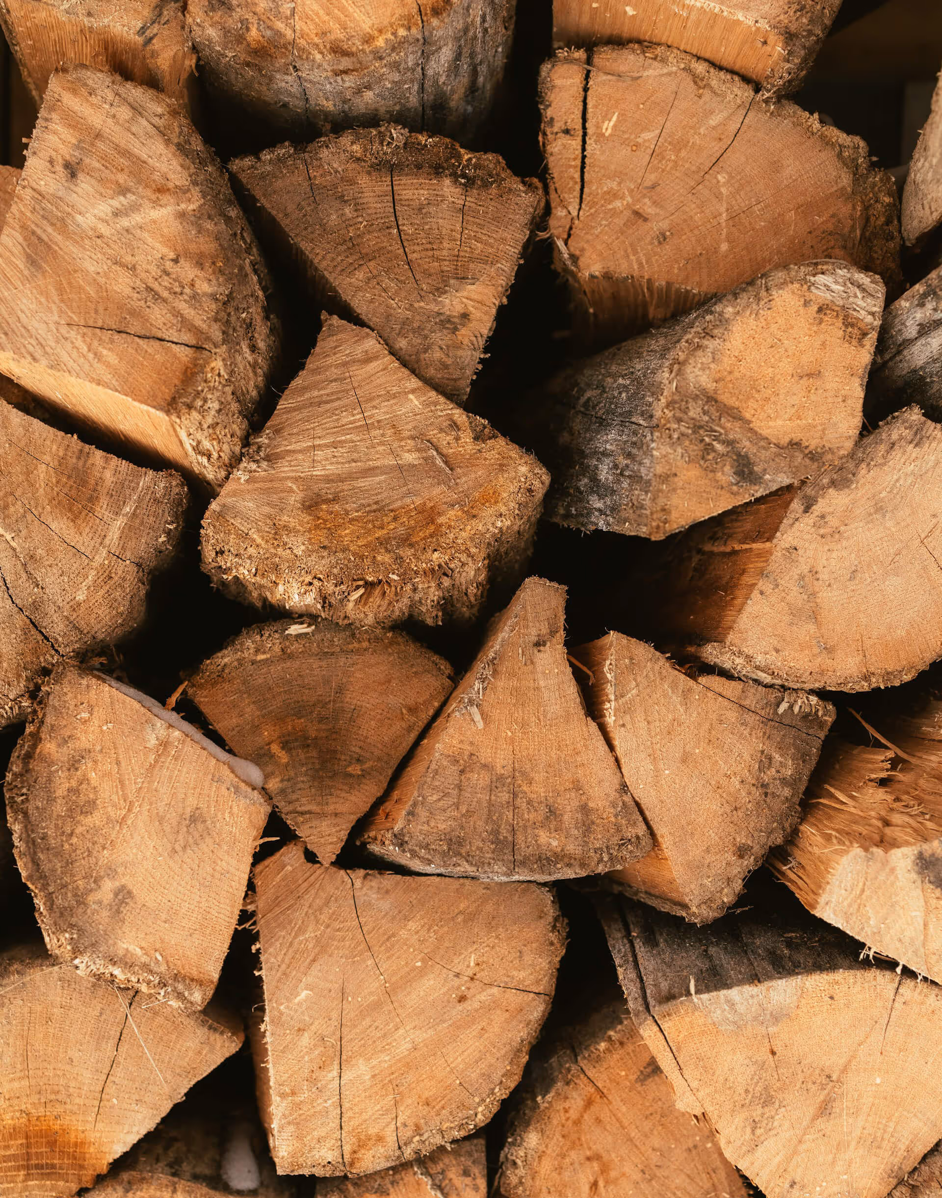 Stack of cut firewood pieces with visible grain and cracks.