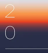 Gradient background from orange to dark blue with white numbers 2 and 0 and a horizontal white line.