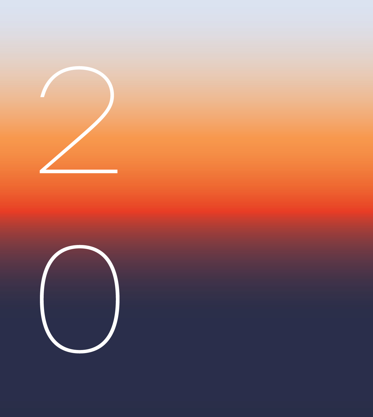 Large white numbers 2 and 0 on a blurred orange and dark blue gradient background.