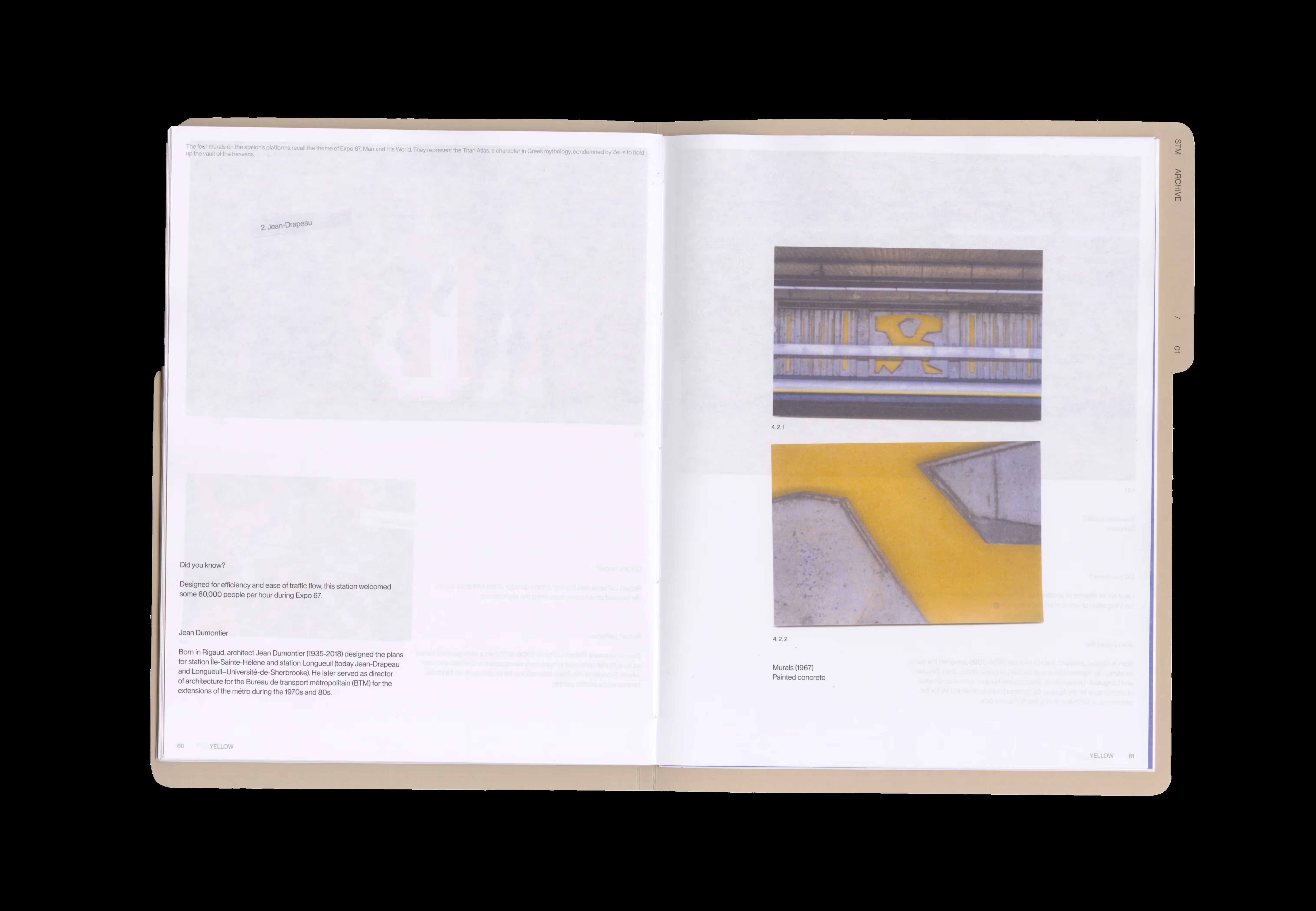 Open book showing text about Jean Dumontier and two photos of yellow and gray metro mural details.