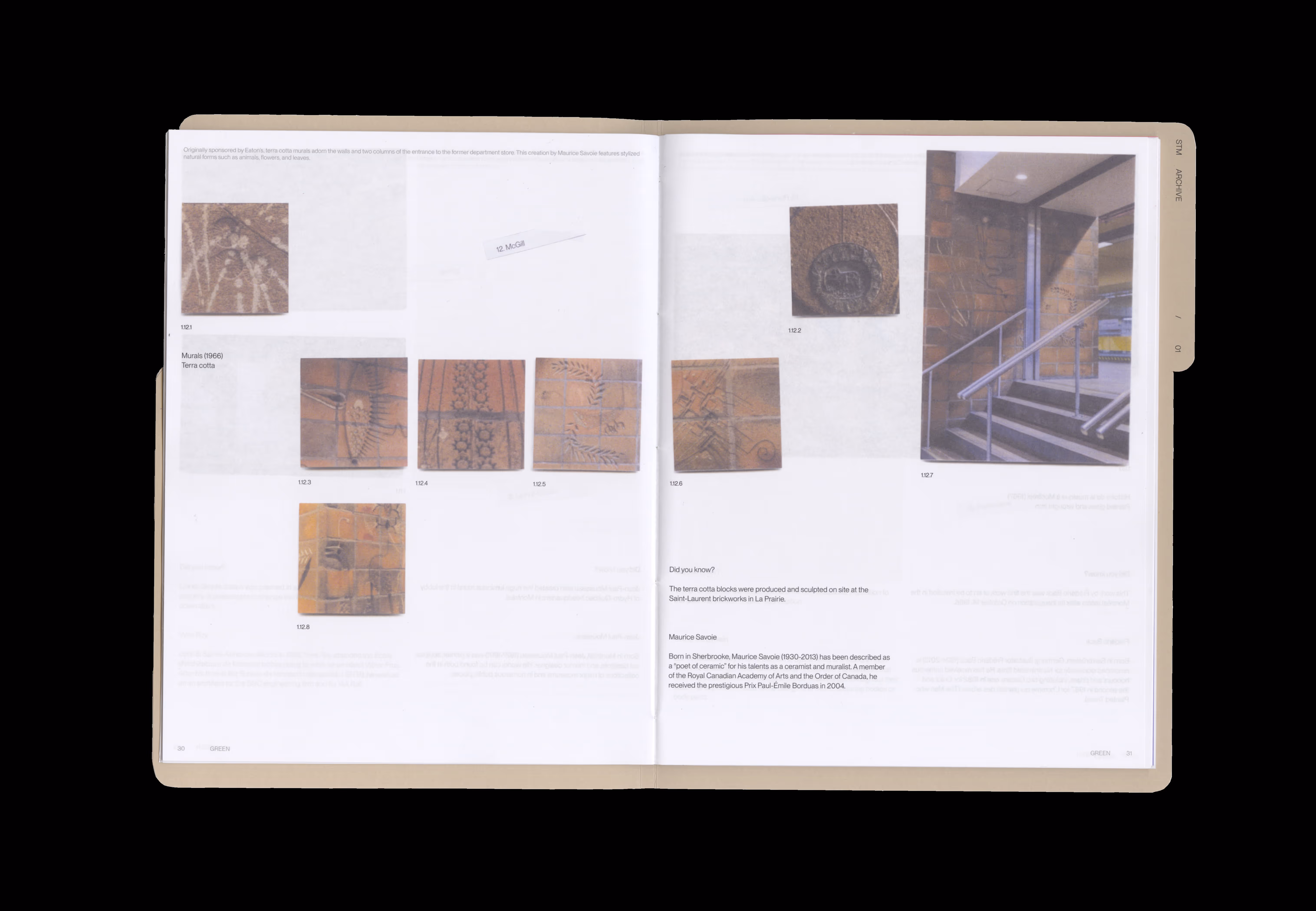 Open book spread featuring terra cotta murals with natural motifs and a photo of a stairway with terra cotta walls.