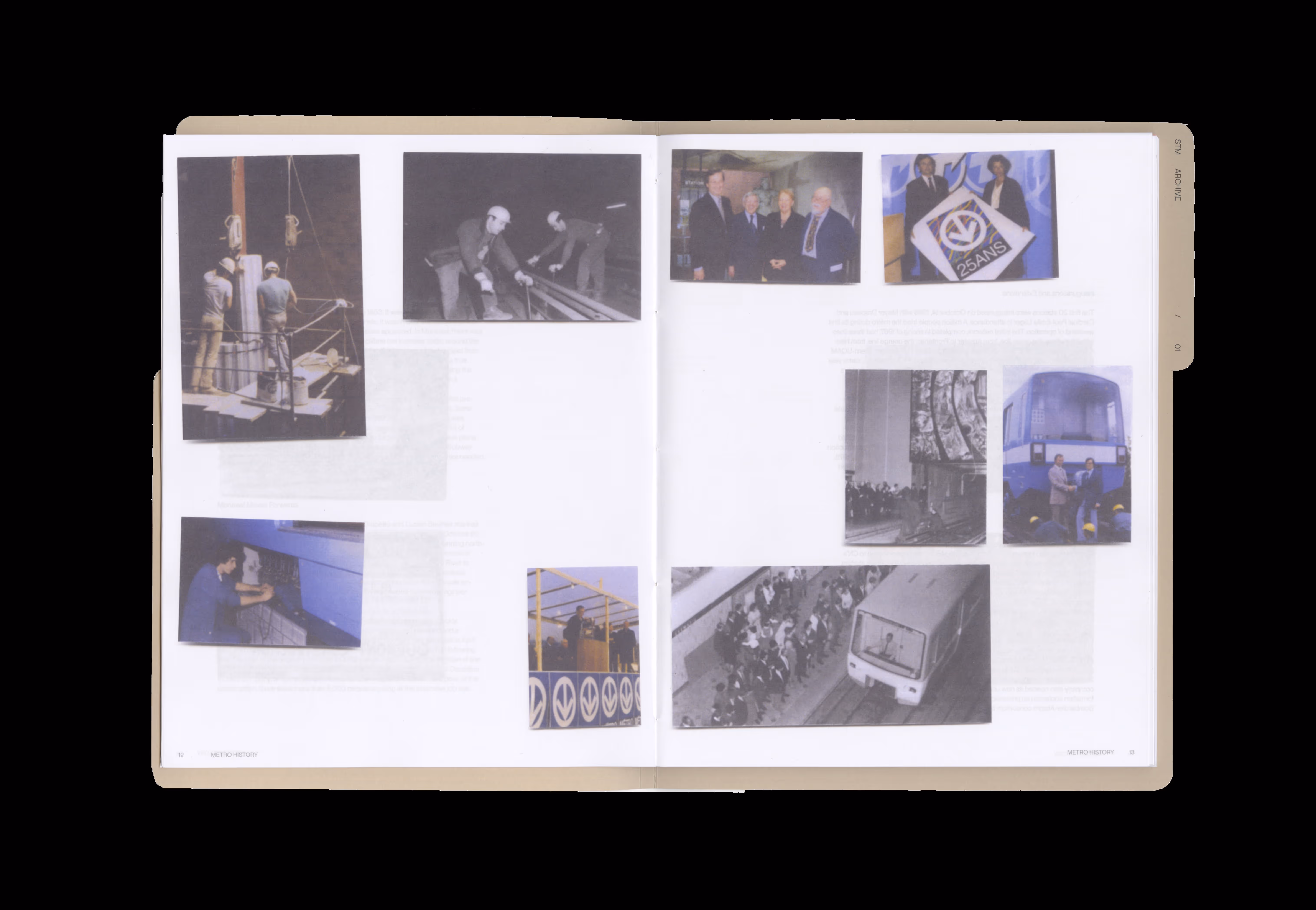 Open book spread featuring historical photos of metro construction, workers, officials, and early trains.