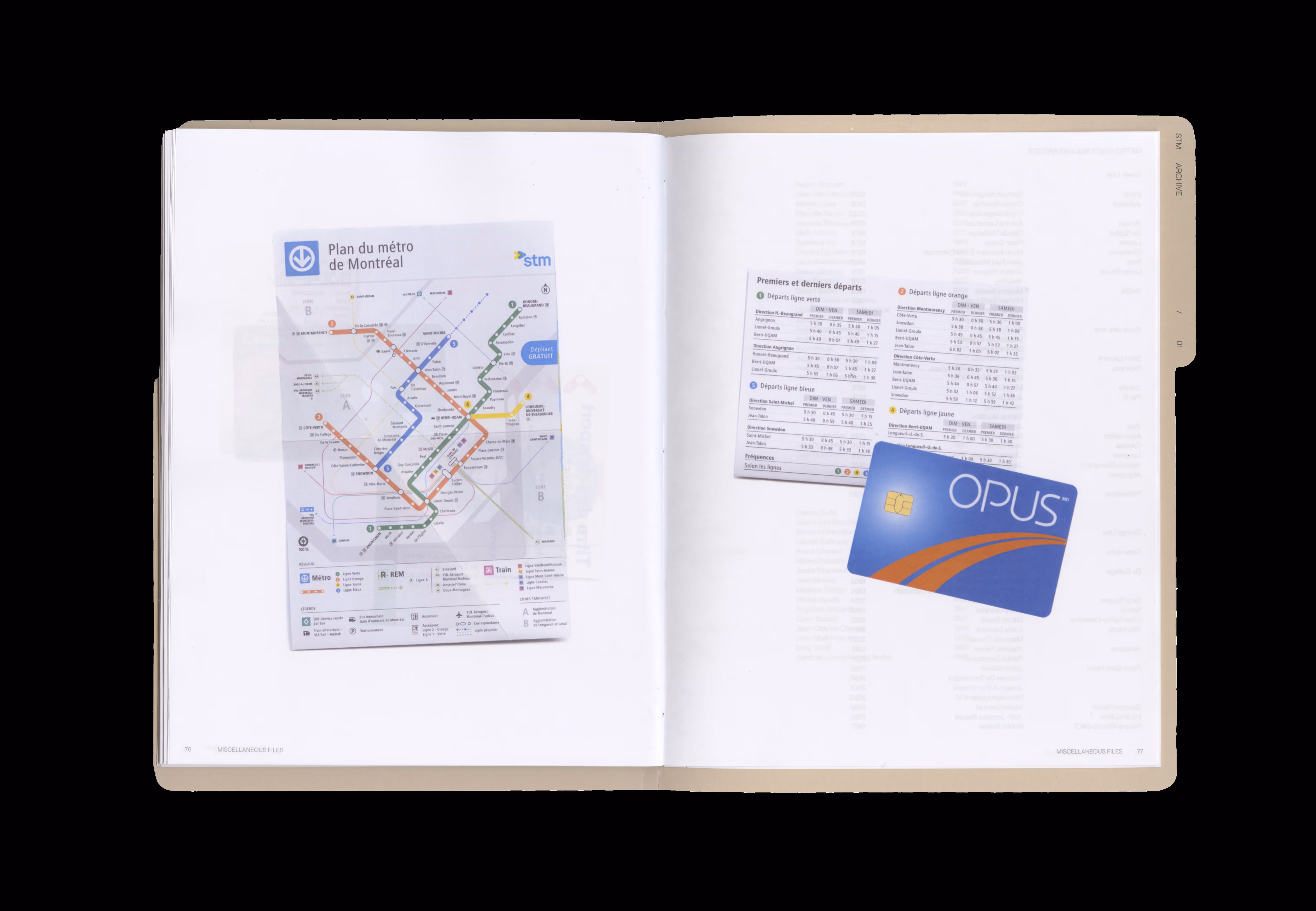 Open book showing Montreal metro map, schedule, and an OPUS transit card on the right page.