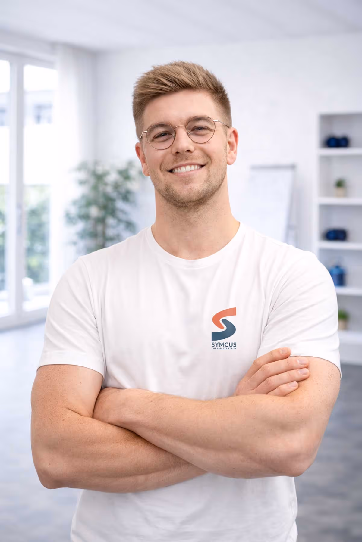 Geschäftsführer Ben Seidel von SYMCUS steht selbstbewusst in einer modernen Physiotherapie-Praxis und blickt freundlich in die Kamera – Ansprechpartner für Kontakt und Terminvereinbarung in der Physiotherapie.