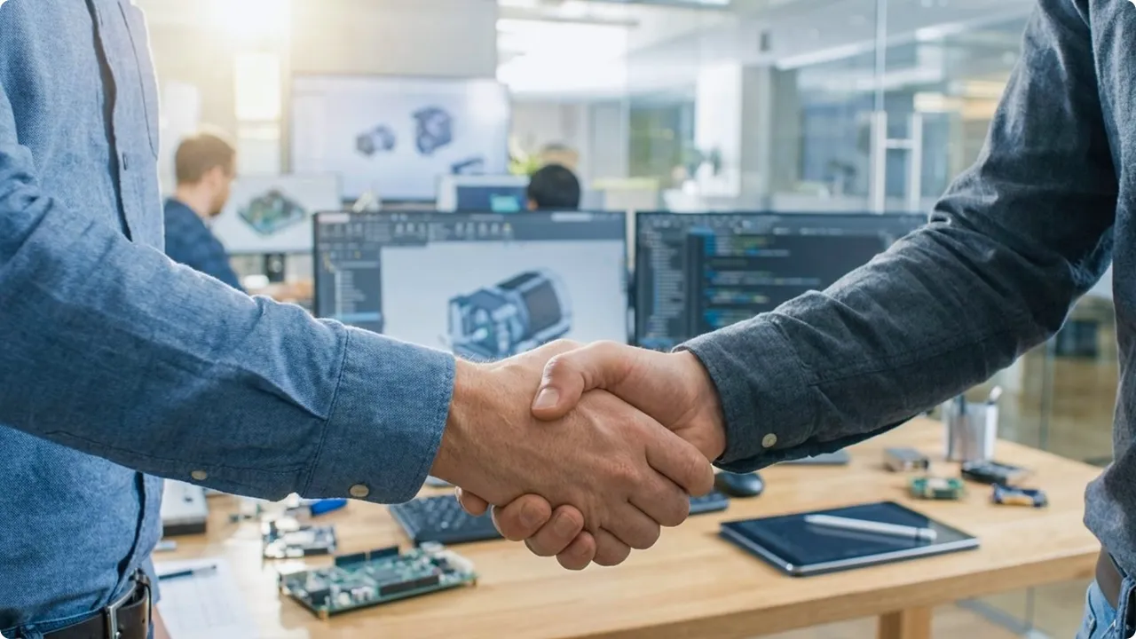 Zwei Ingenieure besiegeln IT-Lösung mit Handschlag in modernem Entwicklungsbüro