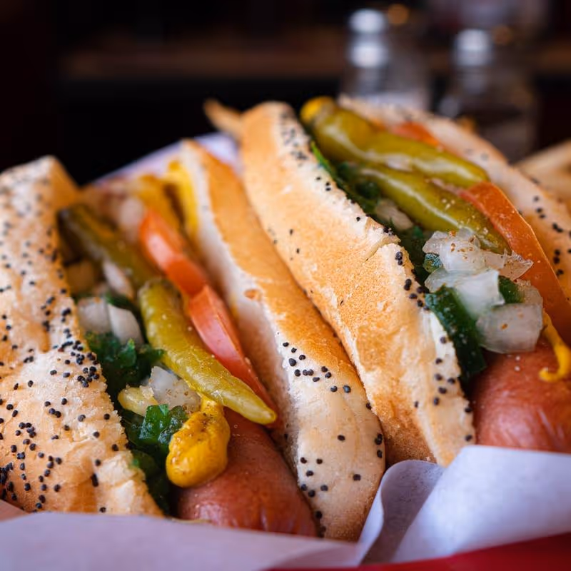 Two hot dogs with pickles and tomatoes on a bun.