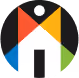 Abstract multicolor geometric design forming a stylized house with a dot above it.