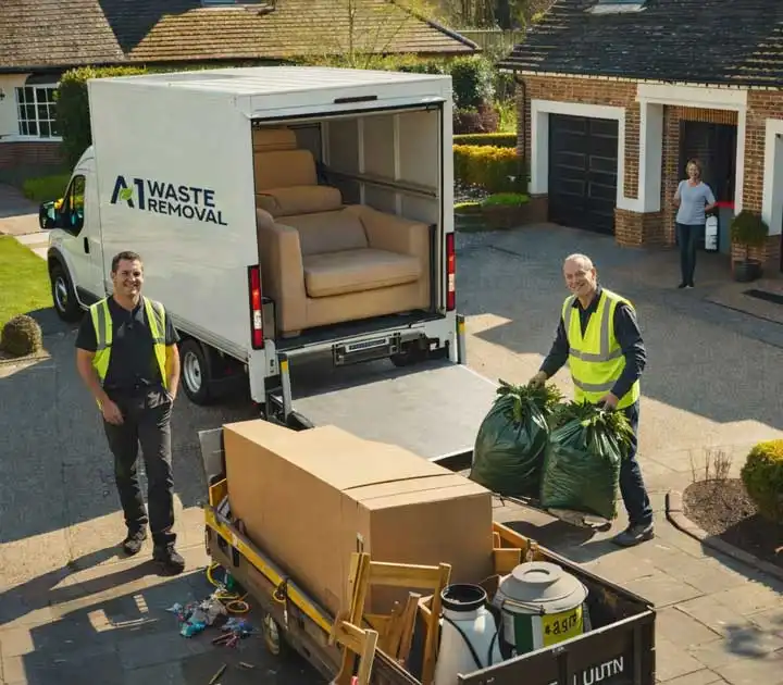 Residential waste clearance service removing furniture and rubbish with licensed team and removal van outside suburban home