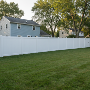 White vinyl privacy fence installed in a Long Island backyard
