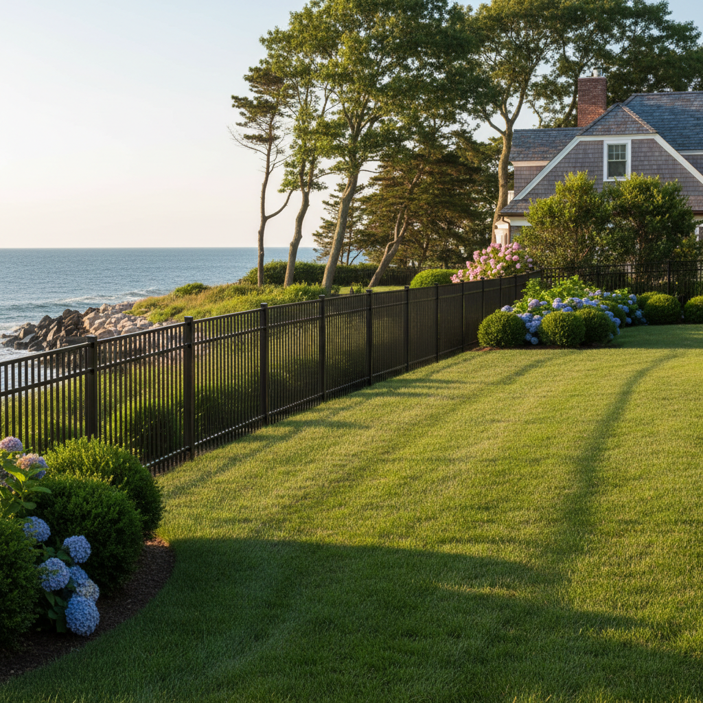 Black ornamental aluminum fence along a coastal Long Island property