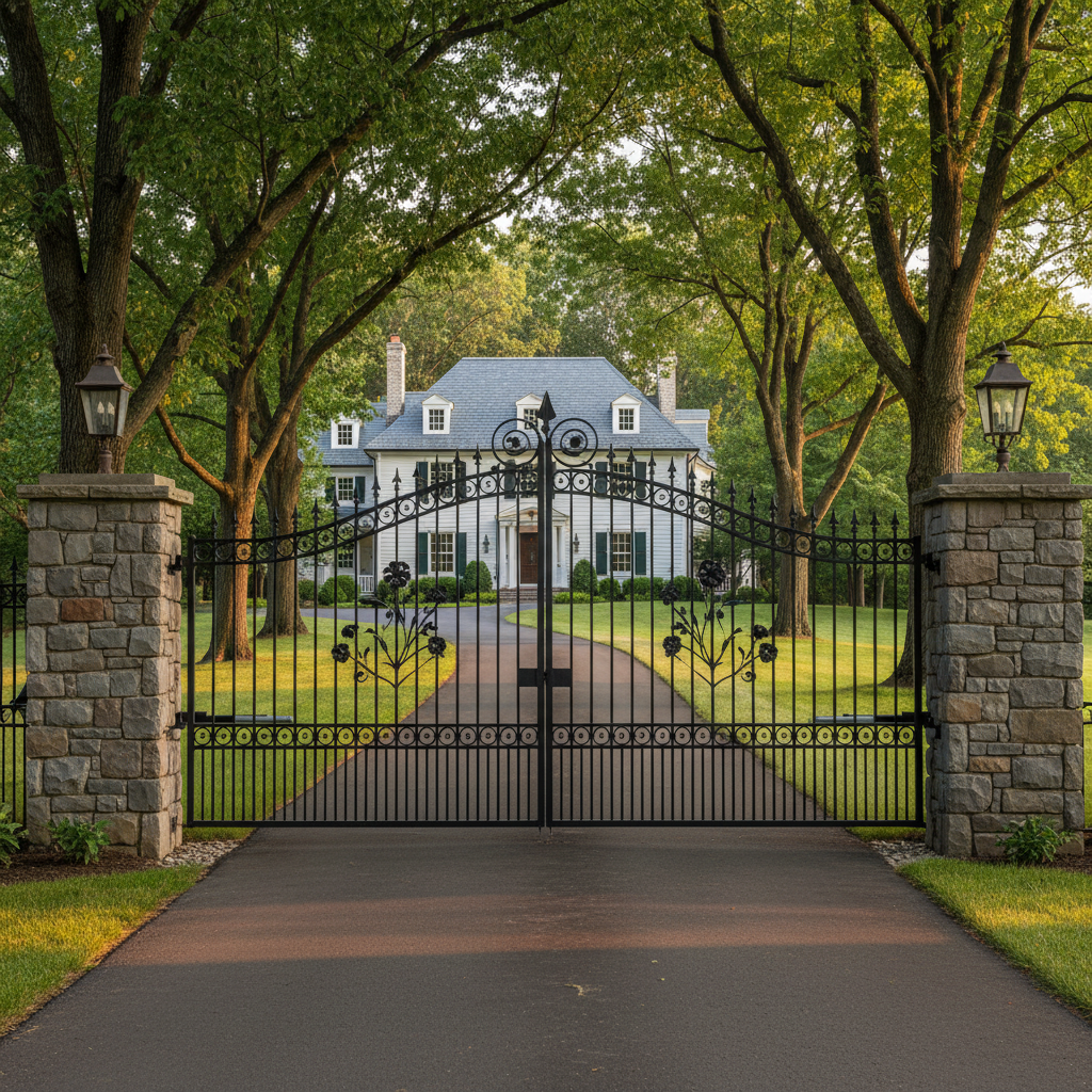 Automated ornamental driveway gate at a Long Island estate