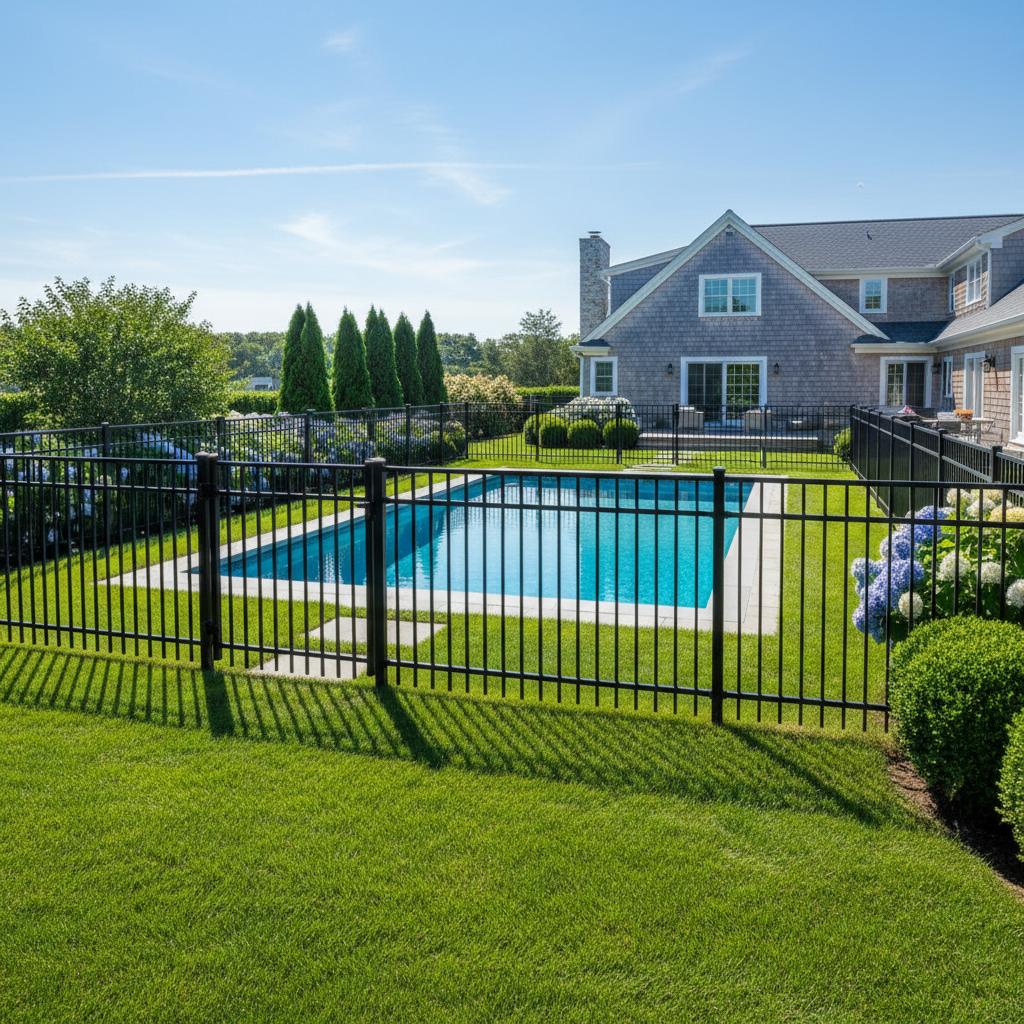Black ornamental aluminum pool fence enclosing a residential pool on Long Island