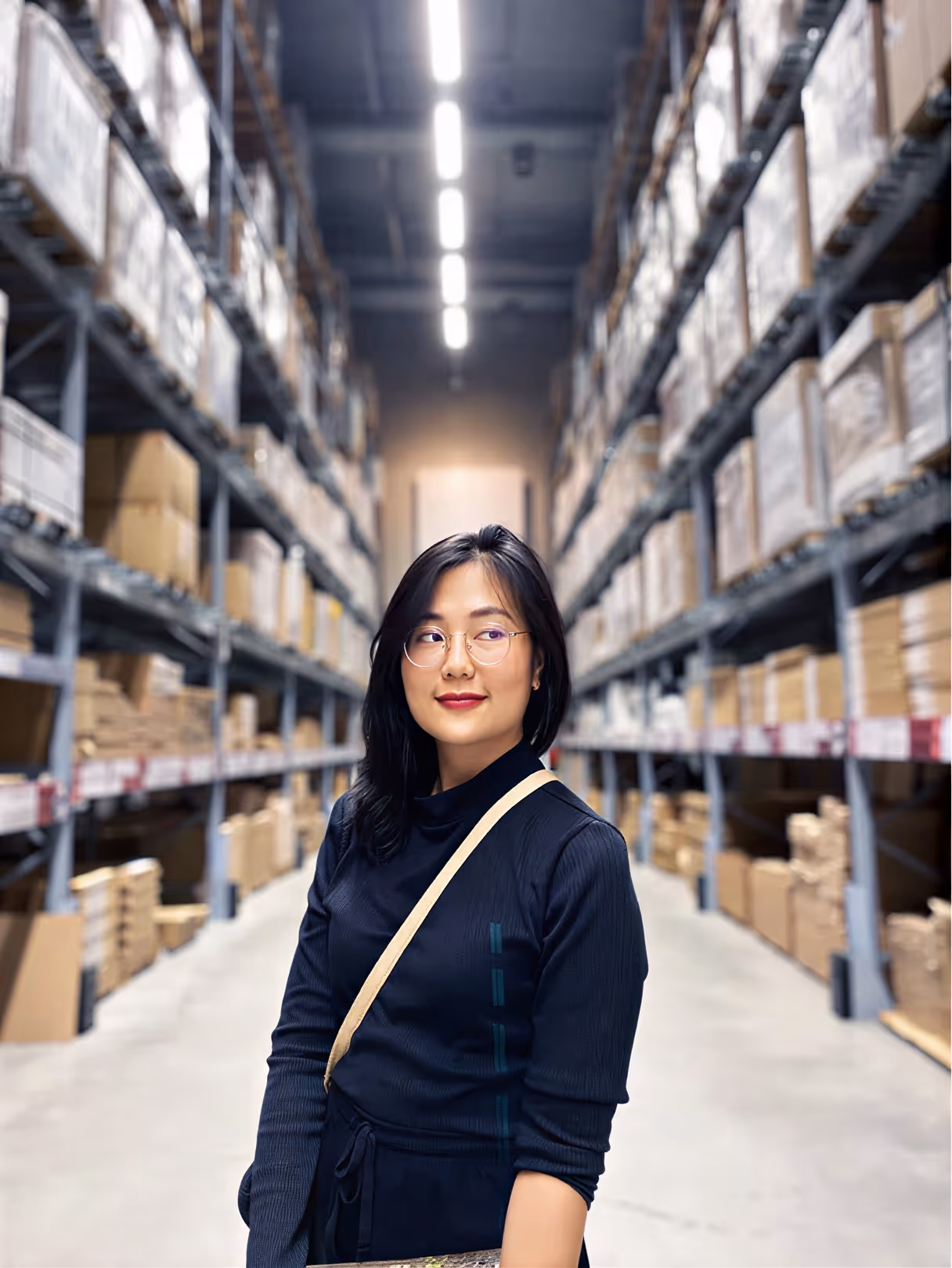 Woman wearing glasses and a black top standing in a large warehouse aisle with shelves full of boxes.