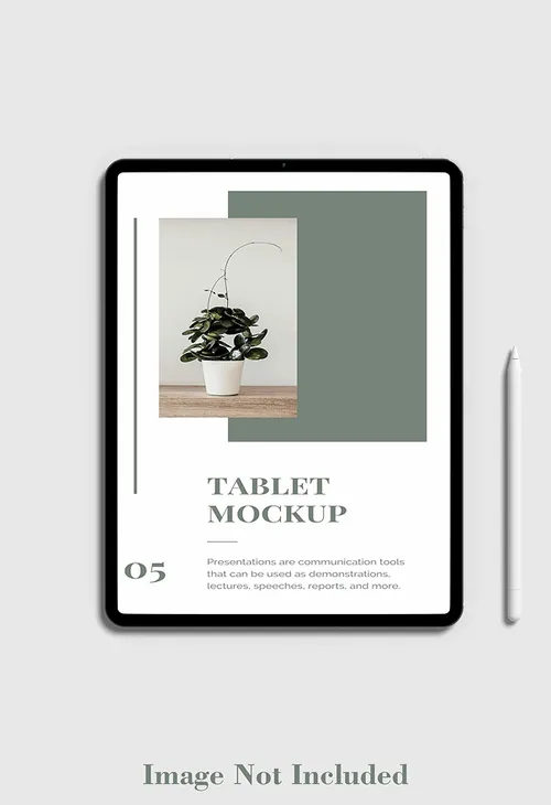 Tablet mockup with framed plant art and modern editorial-style layout.