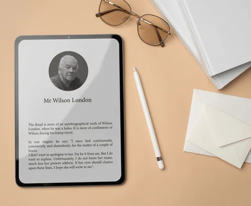 Digital tablet on a beige desk with a stylus and eyeglasses, displaying a black-and-white profile photo and text.