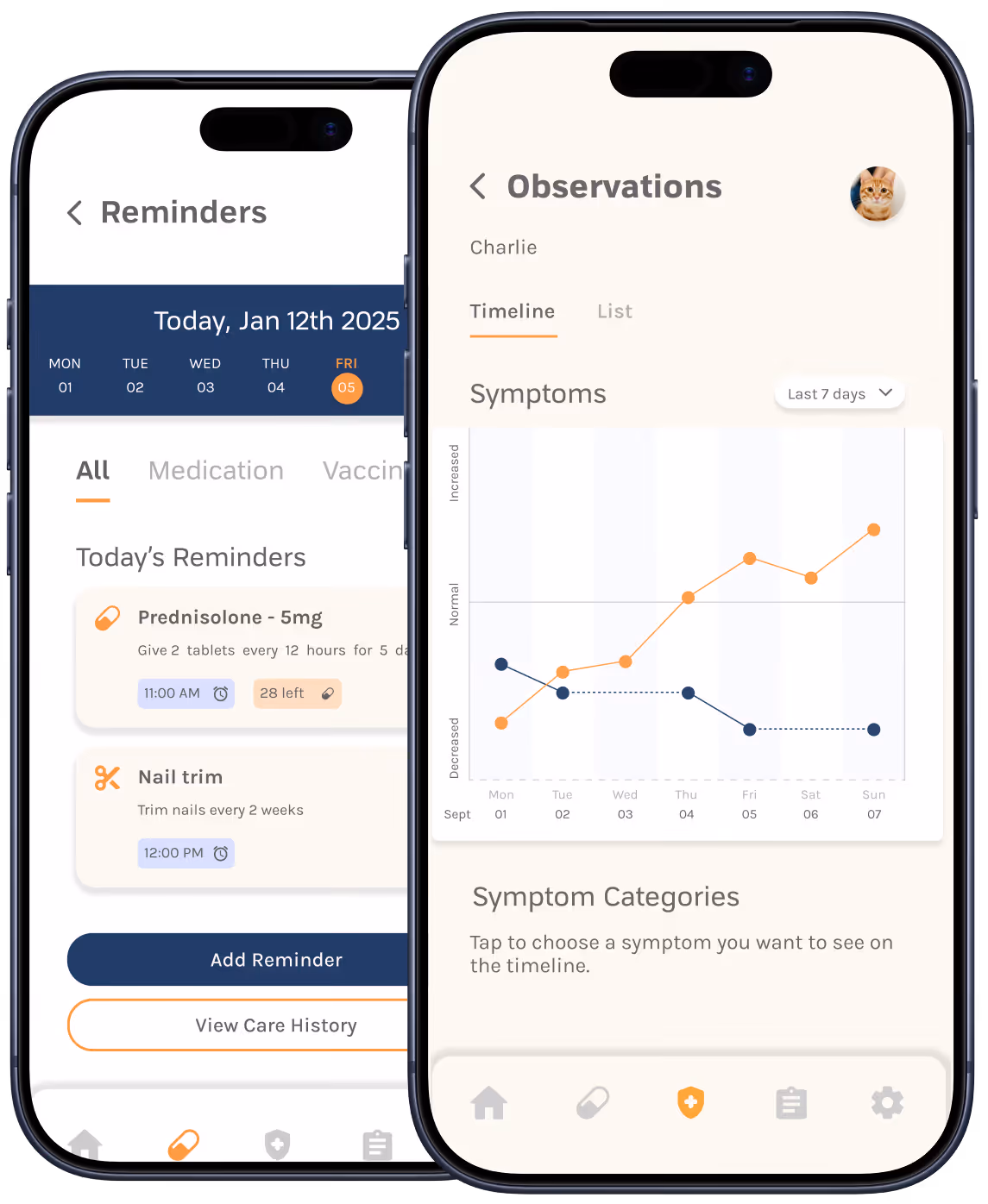 Two smartphones displaying a pet care app with reminders for medication and nail trim on the left and a symptom observation timeline graph on the right.