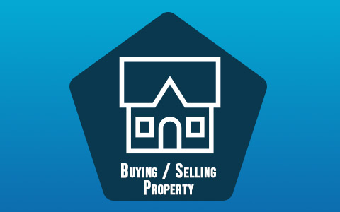 Icon of a house with text buying and selling property on a blue pentagon background.