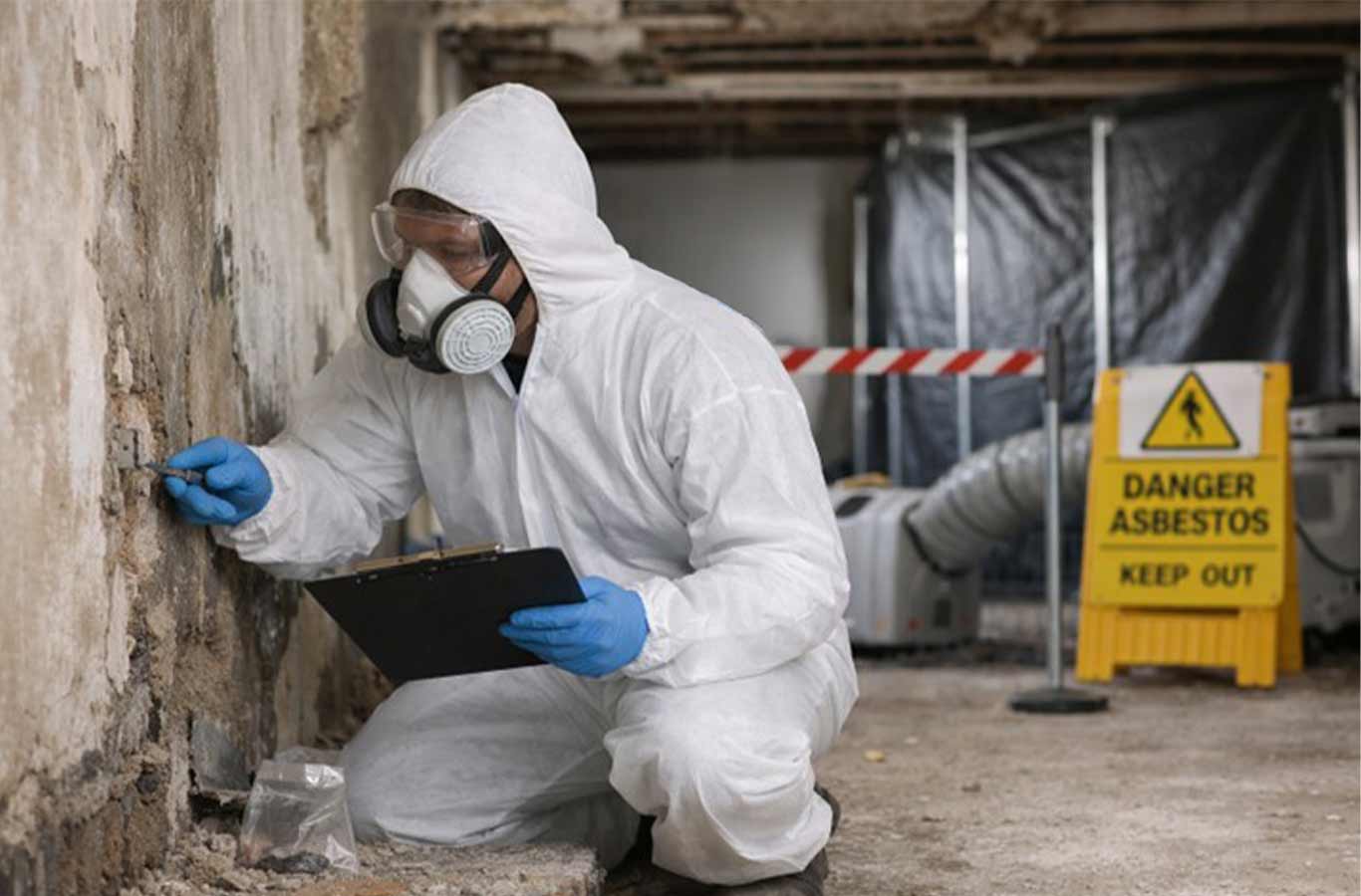 Worker in protective gear inspecting a wall for asbestos, with a hazard sign in the background.