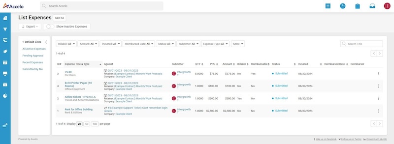 listing expenses through accelo software