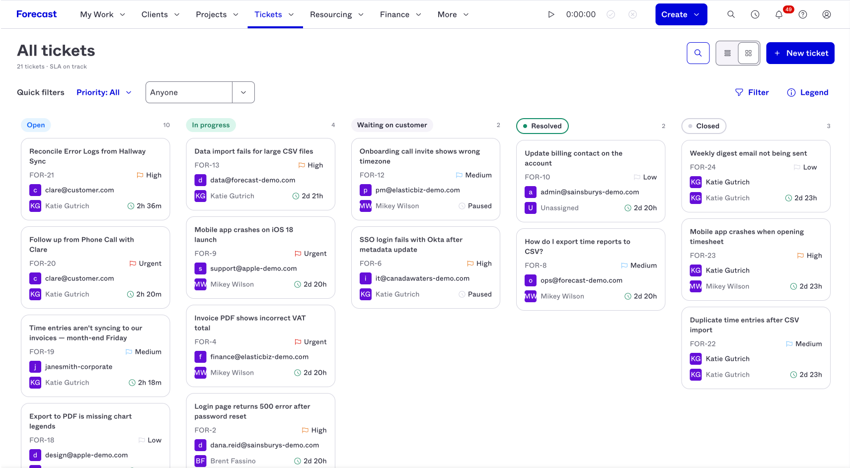 use Kanban or list views to manage tickets and stages